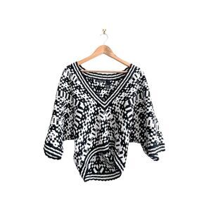 Moda International Black White Sweater Wool Blend Geometric V-Neck Women's S